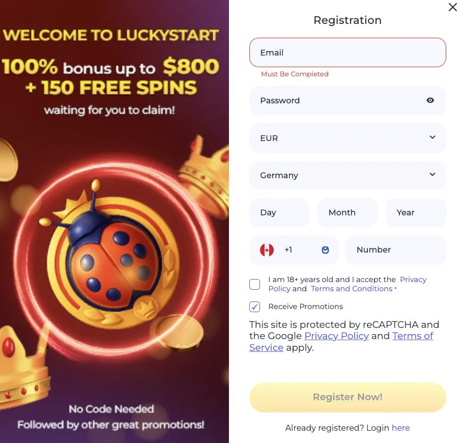Sign up form at LuckyStart
